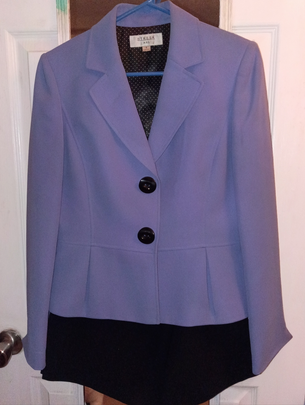Stresa Asl 2PC Skirt Suit Womens 6P Purple Black Blazer Buttons Long Sleeve